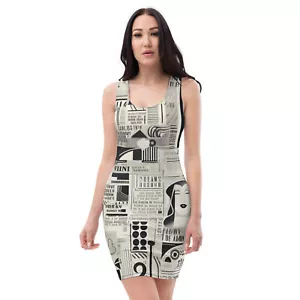 Vestido ceñido al cuerpo estampado en todas partes hecho a mano para mujer negro blanco diseño de periódico - Imagen 1 de 21