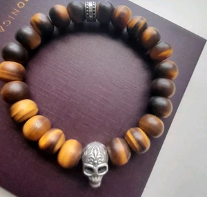 THOMAS SABO MENS TIGERS EYE ELASTICATED BRACELET WITH FEATURE SKULL CHARM - Picture 1 of 8