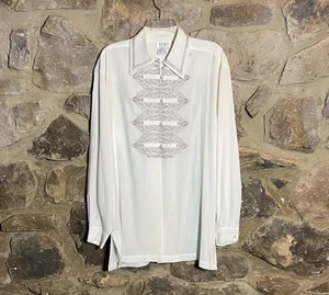 Tess Size Large White Long Sleeve Women’s Button Up Blouse Silver Embroidery - Picture 1 of 5