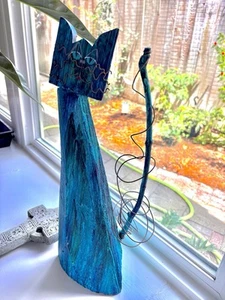18” Whimsical Folk Art Carved Cat From Tree Trunk Wood Wire - Picture 1 of 6
