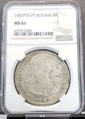 1802 BOLIVIA SILVER 8 REALES CHARLES IIII NGC MS 61 RARE MINT STATE COIN - Image 1 of 3