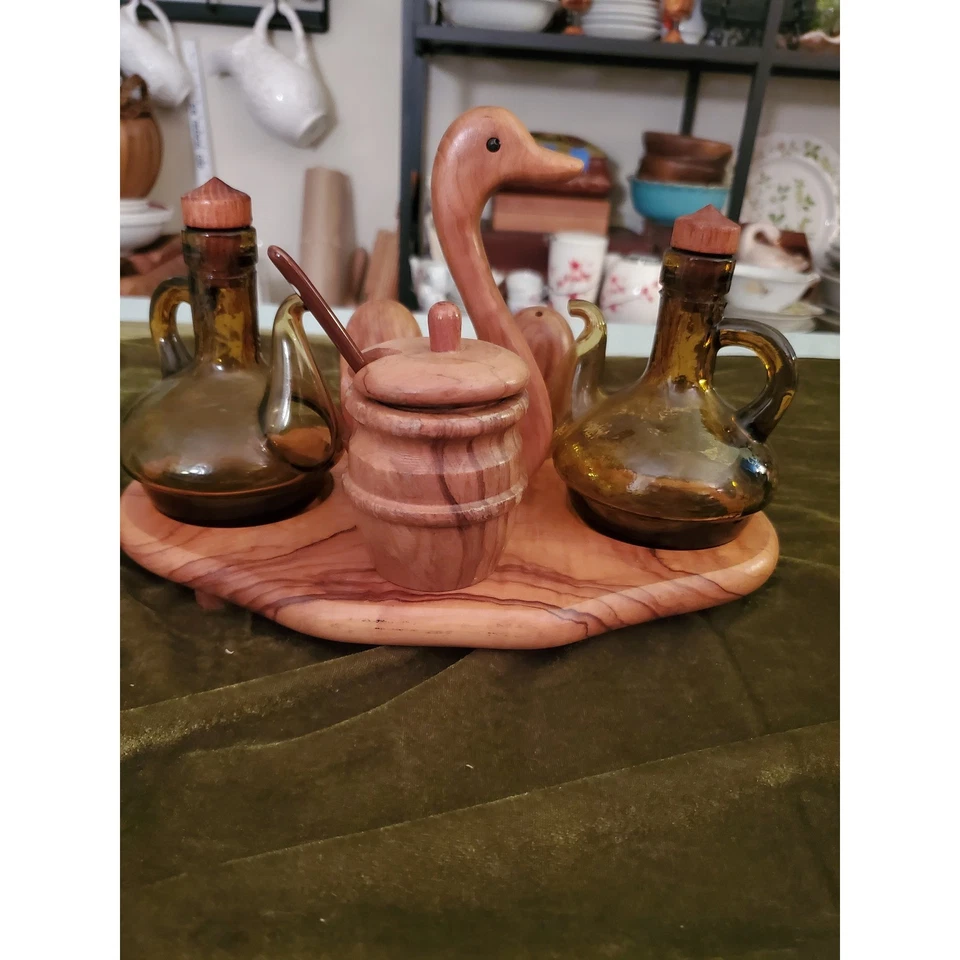 MCM Vintage 1960s Wood Duck Condiment Set Amber Glass Oil Vinegar Salt Pepper - Image 1 of 4