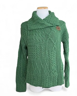Carraigdonn Irish Merino Wool Chunky Button Cardigan Sweater Grass Green S - Image 1 of 4