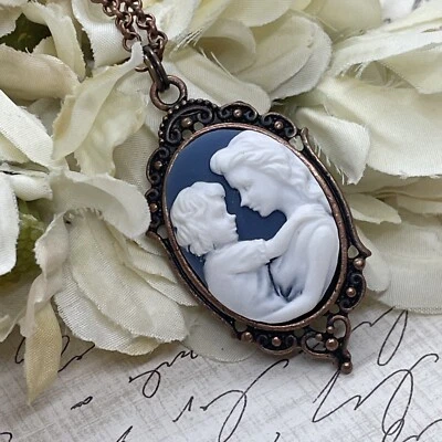 Copper Blue New Mom Heart Wedding Party Jewelry White Mother Day necklace Cameo - Image 1 of 4