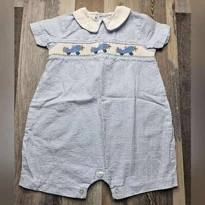 Viva La Fete Airplanes Smocked Blue Mini Checked Short Sleeve Boy's Bubble 24 M - Image 1 of 4