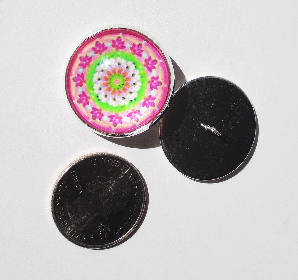 Mandala Pink Green White 1" Glass Dome Button handcrafted shank sew or pin on - Image 1 of 1