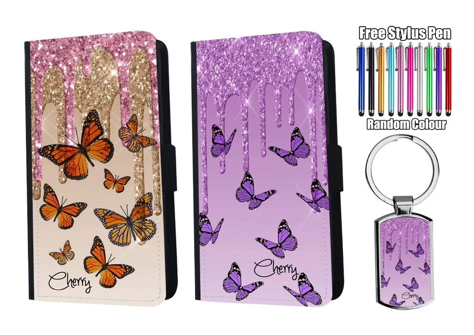 PERSONALISED Name Butterfly  GlitterFlip Leather Wallet Phone Case + Keyring - Image 1 of 4