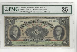1929 Bank of Nova Scotia $5 Note Moo/Mcl Cat#34-02 SN# 3035168 PMG VF-25 - Picture 1 of 2