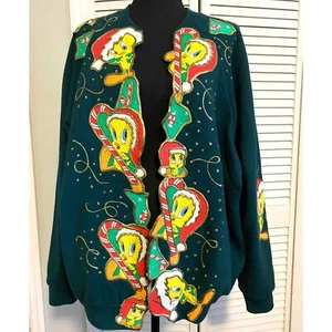Vintage Handmade Tweet Weihnachtspullover Puffy Paint Sweatshirt Jacke Cartoon Vogel - Bild 1 von 6