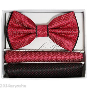 Checker Two Tone Design Men Bowtie Or with Hankie Red Wine Black Dot BT2T101-E - Picture 1 of 4
