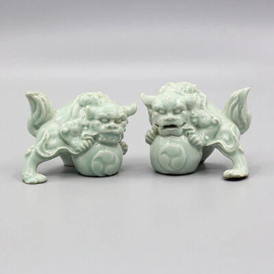 Estatuilla china de porcelana Foo Fu perro león horno hutian canción Celadon de 3,54" Foto 1 de 4