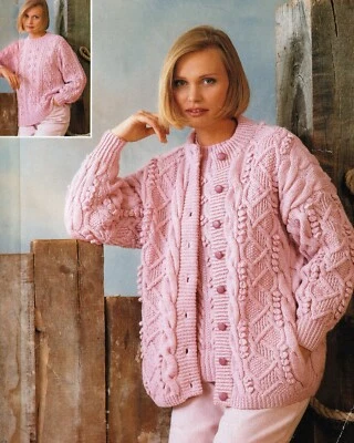 1182 LADIES ARAN CARDIGAN & DK SWEATER 32 - 42" VINTAGE KNITTING PATTERN COPY - Image 1 of 2