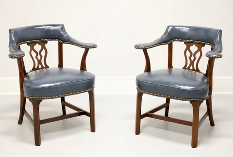 HICKORY CHAIR Mahogany Frame Blue Leather Armchairs - Pair Cover