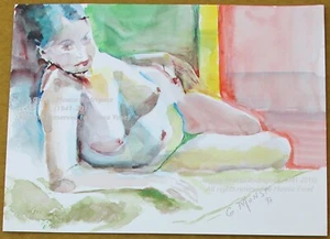 Blue Hair Nude woman Model lying 1997 original Watercolor Aquarel Painting Art - Picture 1 of 2
