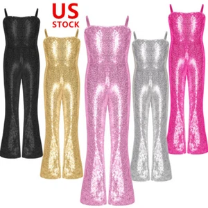 Kids Girls Shiny Metallic Costume Sequin Dance Jumpsuit Rave Festival Unitard - Picture 1 of 62