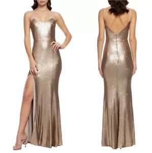 NWT! Dress the Population Ingrid Sequin High Slit Trumpet Gown in Bronze Size: M - Picture 1 of 10