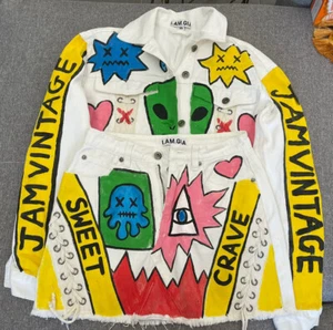 REDUCED RARE Festival Wear Jam Vintage Custom Art Denim I Am Gia Jacket & Skirt - Picture 1 of 12