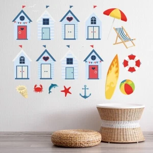Blue Beach Huts Seaside Decor Wall Sticker WS-58167 - Picture 1 of 12