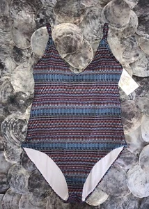 NWT $120 Becca by Rebecca Virtue Striped Multi-Color One-Piece Swimsuit Women's - Picture 1 of 5