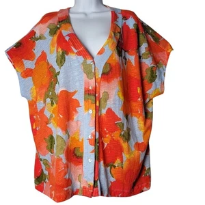 Joie Linen Lyocell Button Top 3X Orange Floral Blouse Light Boho Art to Wear - Picture 1 of 10