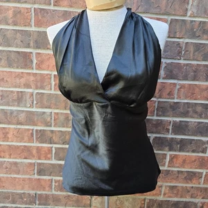 Y2K Express schwarz Seide V-Ausschnitt Neckholder Top Größe Large  - Bild 1 von 7