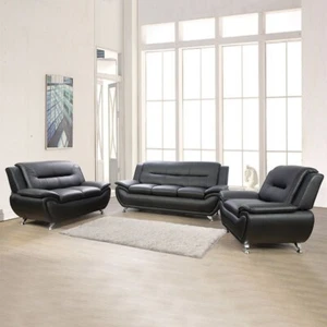 Brand New Living Room Modern Leather Sofa Set 3-PCs Black Color - Picture 1 of 7