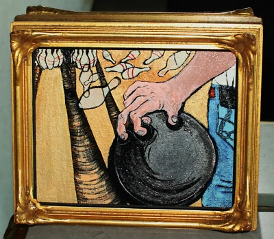 Pintura al óleo expresionista medios mixtos arte extraño PINS DE BOLAS DE BOLICHE enmarcados DIVERTIDOS Foto 1 de 4