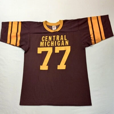 Camiseta de fútbol americano 1977 Central Michigan University CMU nailon algodón años 70 envejecida Foto 1 de 4