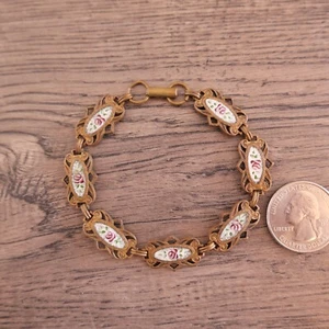 Antique Art Deco Guilloche Enamel & Brass Rose Bracelet 1930's - Picture 1 of 3