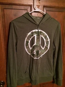 Justice "PEACE" zip up hooded jacket, Junior sz S - M. Green With Glitter Reduce - Picture 1 of 4