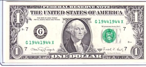 1988 $1 FRN Unc Fancy REPEATER 1944 Birthday Anniversary Year Serial #G19441944X - Picture 1 of 2