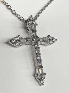 Silver Cross Cubic Zirconia Necklace 18” Chain Religious Faith Jewelry NEW - Picture 1 of 5