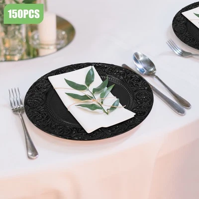 150 Black Plastic Plates Set -  Disposable Dinner Plates Bulk Pack for Par - Image 1 of 4