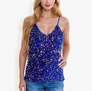 Anna-Kaci Women's Sequined SpaghettiStrap V-Neck CamiTop, Size Sm, Royal Blue - Picture 1 of 12