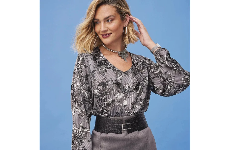 #2335 Isaac Mizrahi Live! Блузка с принтом Estate с оборками размер L - Изображение 1 из 1