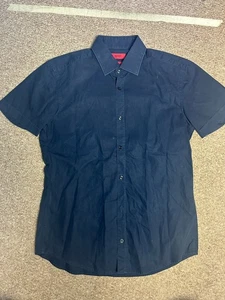 Hugo Boss Mens Size Small Short Sleeve Shirt Navy Blue Slim Fit Style Casual - Picture 1 of 5