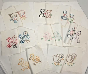 16 Embroidered Childs Linen Quilt Squares 5 X 5 Inch 8 Designs  Hoop Marks - Picture 1 of 19