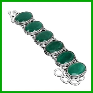 925 Sterling Silver Oval Zambian Emrald Stone Vintage Bezel Chain New Bracelet - Picture 1 of 7