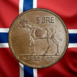 Norwegen 5 Öre 1971 - Eurasischer Elch - Kombischiff - Bild 1 von 2