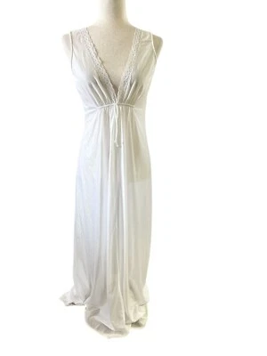 Vtg Gilead White Sleeveless Nightgown Plunge Double V-Neck USA Medium Lace Nylon - Image 1 of 4