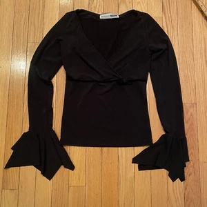 Vtg Y2K Necessary Objects Black Vneck Bell Sleeve Top Medium - Picture 1 of 6