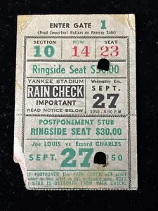Biglietto Joe Louis vs Ezzard Charles RINGSIDE Stub 27-09-1950 Yankee Stadium - Foto 1 di 2