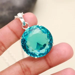 Natural Neon Apatite Round Cut Shape Solid silver pendant 925 Gift For Her - Picture 1 of 4