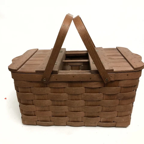 Vintage Farmhouse Wood Picnic Wine Basket Basketville Putney Vermont Handle Cover