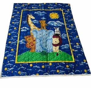 Vintage Baby Blanket Safari Zoo Animals Handmade Comforter Crib Quilt 34" x 43" - Picture 1 of 10