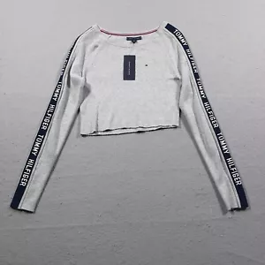 Tommy Hilfiger Cropped Top Sweater Women’s Small Gray Stripe Logo L/S NWT - Picture 1 of 10
