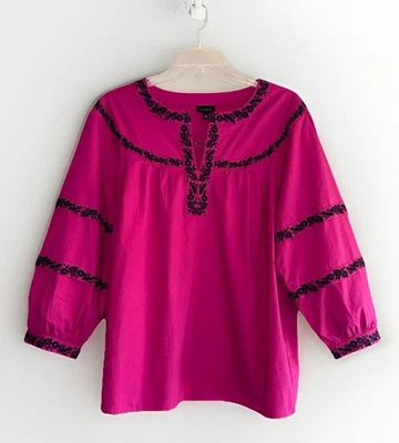 Talbots Pink Embroidery Blouse Top Puff Sleeve Peasant Split Neck Cottage Medium - Image 1 of 4
