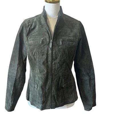 Chaqueta de moto de gamuza de cuero tallado con volantes verde oscuro para mujer ajuste medio informal otoño Foto 1 de 4