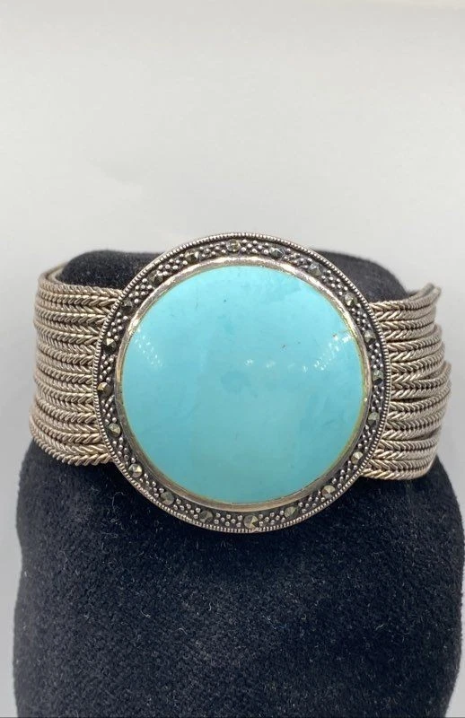 Sterling Silver Round Turquoise w/ Marcasite Multi Strand Chain Bracelet 68.3g - Image 1 of 4
