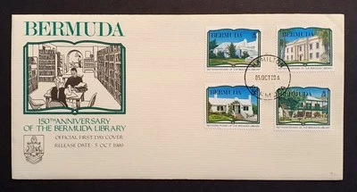 Estampillas Bermudas 1989 Biblioteca 150 Aniversario Primer Día Cubierta Inserto Original (con Foto 1 de 4
